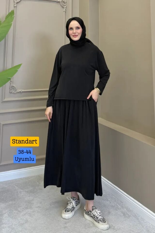 Balenbi Kadın Modal Kumaş Rahat Kalıp Lastikli Bel Etekli Tesettür Takım 1221 - Premium Seri Standart - Siyah