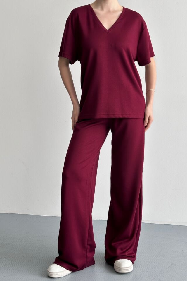 Balenbi Kadın Modal Kumaş Yarım Kollu V Yaka Eşofman Takımı 1209 S - Bordo
