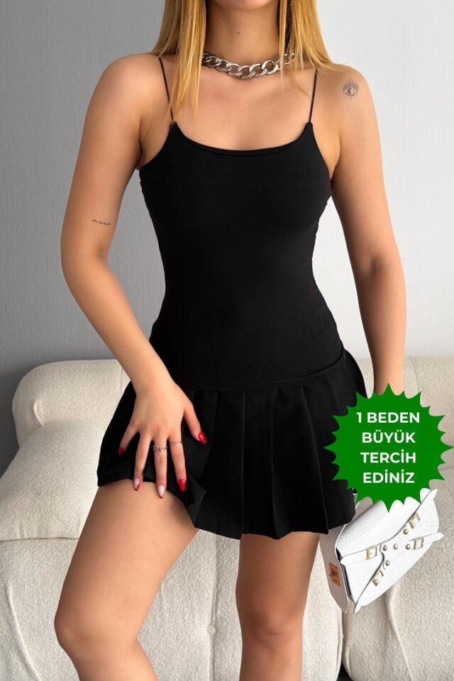 Balenbi Kadın Basic Ip Askılı Uzun Penye Body 1067 S - Siyah-Beyaz