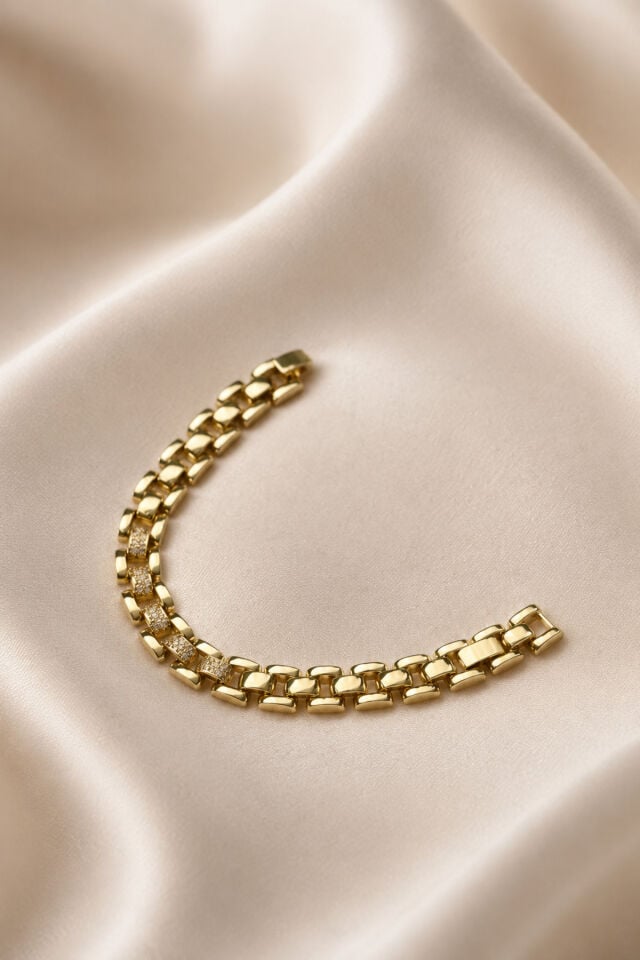 Balenbi Jewelry Kadın Taşlı Geçişli Dikdörtgen Bakla Zincir Kararmaz Çelik Bileklik 14K Gold 1147 Altın