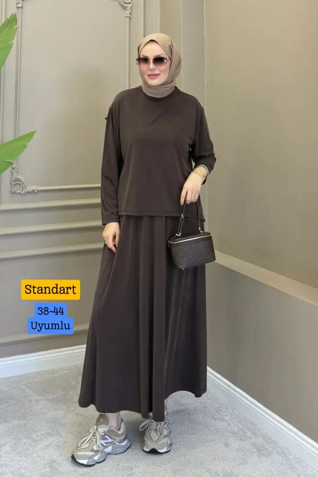 Balenbi Kadın Modal Kumaş Rahat Kalıp Lastikli Bel Etekli Tesettür Takım 1221 - Premium Seri Standart - Kahverengi