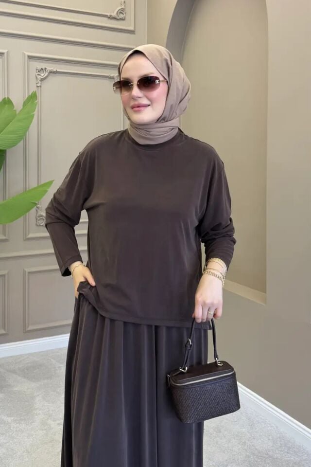 Balenbi Kadın Modal Kumaş Rahat Kalıp Lastikli Bel Etekli Tesettür Takım 1221 - Premium Seri Standart - Kahverengi