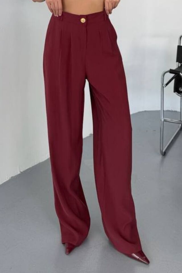 Feela Moda Kadın Modal Cupra Dokuma Pileli Palazzo Pantolon 2022 Bordo - 38