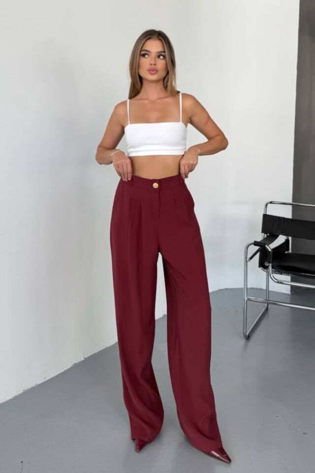 Feela Moda Kadın Modal Cupra Dokuma Pileli Palazzo Pantolon 2022 36 - Bordo