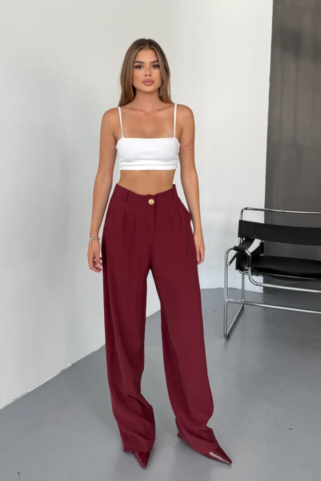 Feela Moda Kadın Modal Cupra Dokuma Pileli Palazzo Pantolon 2022 36 - Bordo