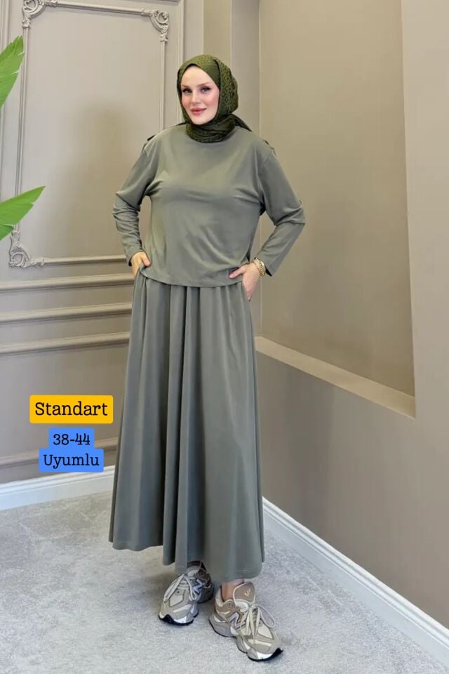 Balenbi Kadın Modal Kumaş Rahat Kalıp Lastikli Bel Etekli Tesettür Takım 1221 - Premium Seri Standart - Haki