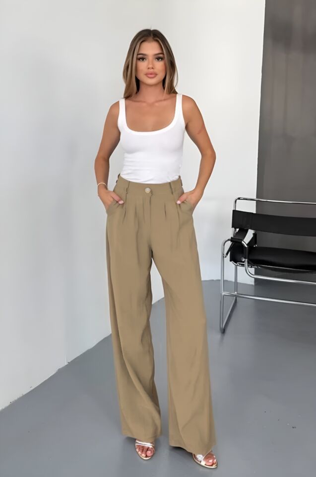 Feela Moda Kadın Modal Cupra Dokuma Pileli Palazzo Pantolon 2022 Bej - 44