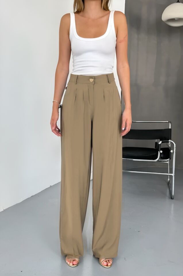 Feela Moda Kadın Modal Cupra Dokuma Pileli Palazzo Pantolon 2022 44 - Bej