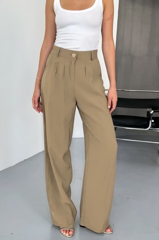 Feela Moda Kadın Modal Cupra Dokuma Pileli Palazzo Pantolon 2022 44 - Bej