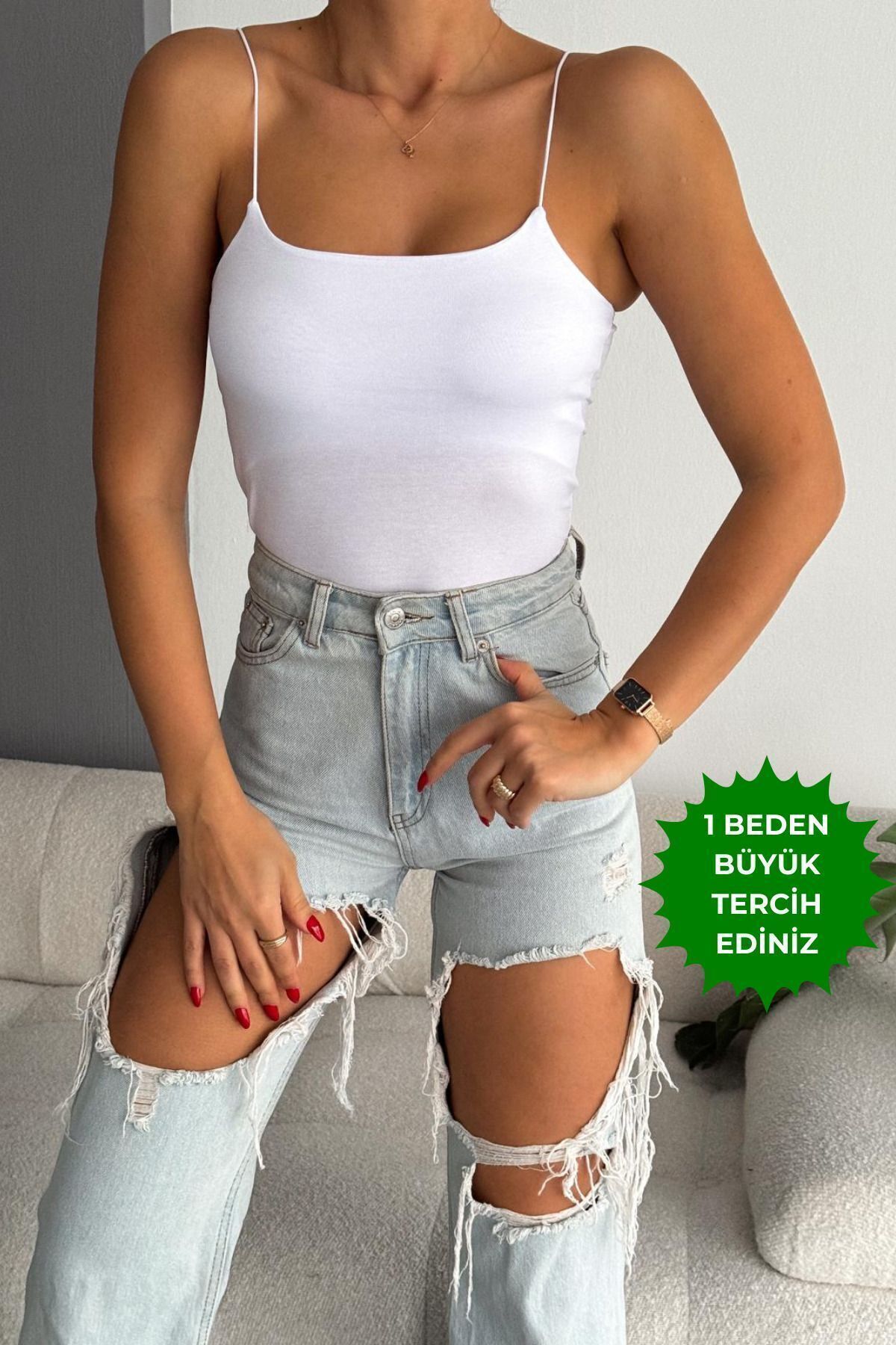 Balenbi Kadın Basic Ip Askılı Uzun Penye Body 1067 S - Beyaz