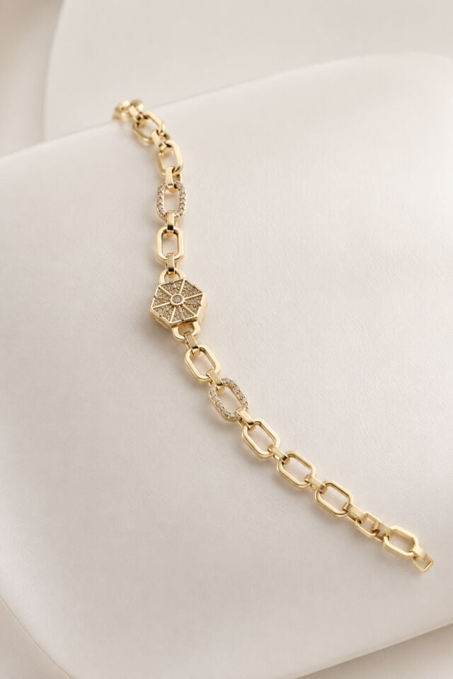 Balenbi Jewelry Kadın Taşlı Altıgen Detaylı Zincir Kararmaz Çelik Bileklik 14K Gold 1150 Altın