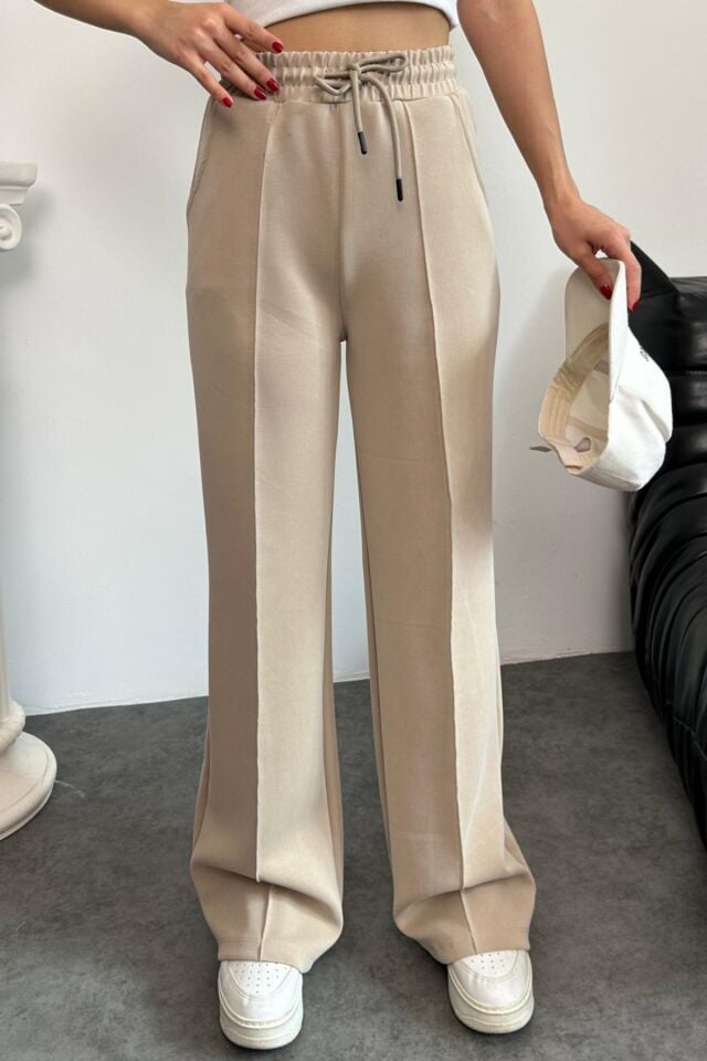 Balenbi Premium Modal Kumaş Çımalı Palazzo Kadın Pantolon 1115 Bej - 36