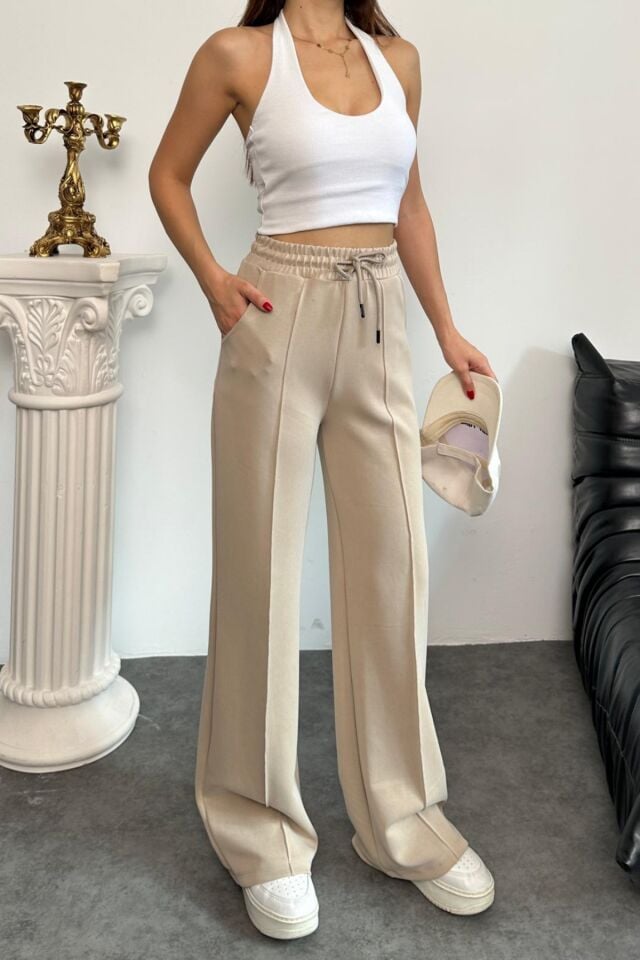 Balenbi Premium Modal Kumaş Çımalı Palazzo Kadın Pantolon 1115 36 - Bej