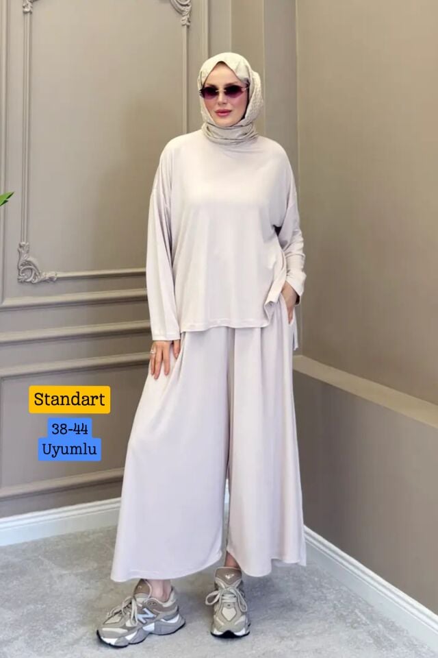 Balenbi Kadın Modal Kumaş Oversize Bol Paça Pantolon Rahat Kalıp İkili Tesettür Takım 1222 - Premium Seri Standart - Taş