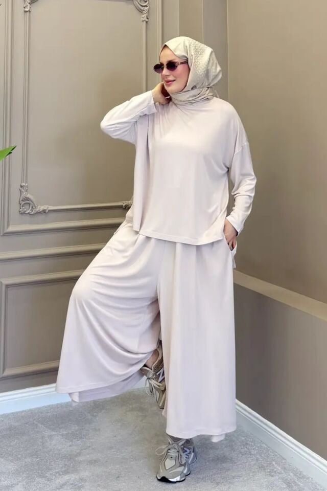Balenbi Kadın Modal Kumaş Oversize Bol Paça Pantolon Rahat Kalıp İkili Tesettür Takım 1222 - Premium Seri Standart - Taş