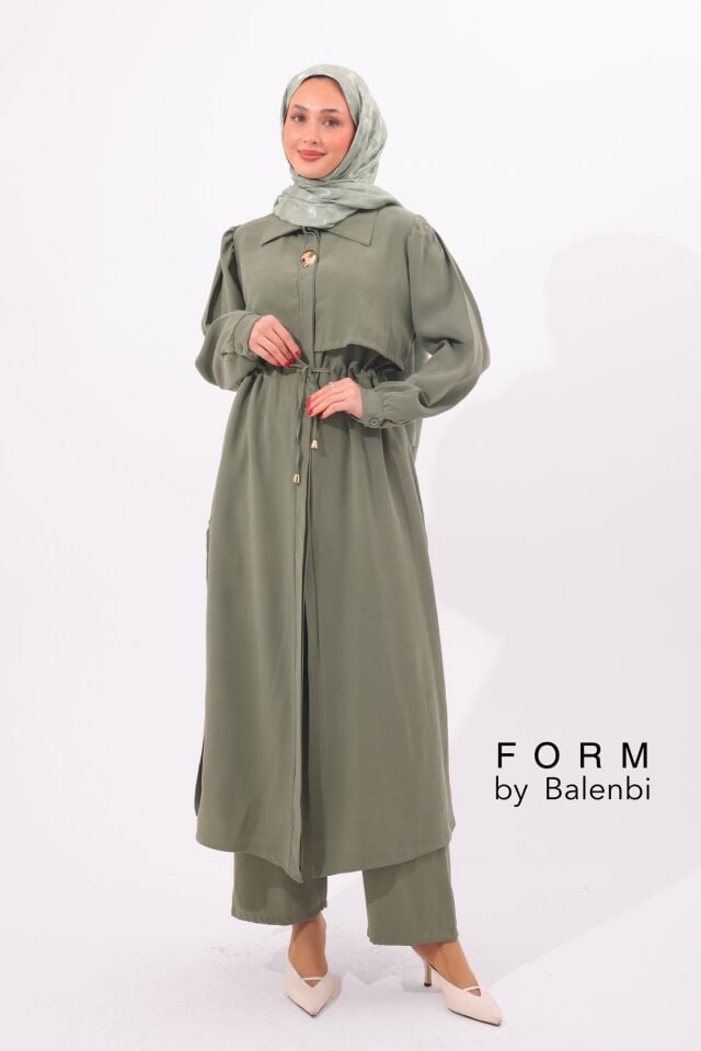 Balenbi Pelerin Detaylı Beli Bağcıklı Uzun Tunik Tesettür Takım 1183 – Form Serisi L/XL - Haki