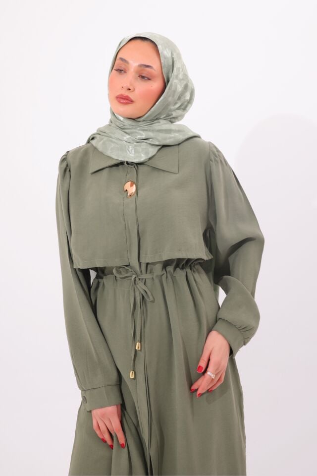 Balenbi Pelerin Detaylı Beli Bağcıklı Uzun Tunik Tesettür Takım 1183 – Form Serisi M/L - Haki