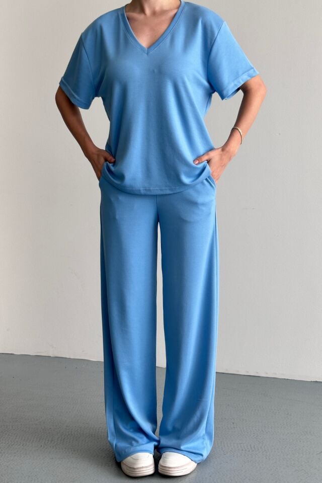 Balenbi Kadın Modal Kumaş Yarım Kollu V Yaka Eşofman Takımı 1209 Mavi - XL