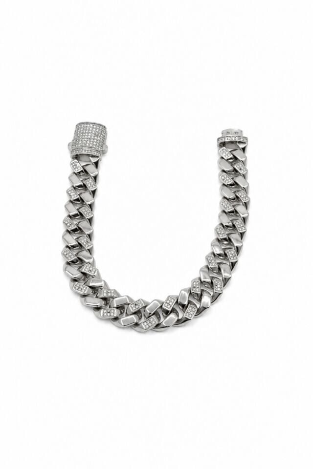 Balenbi Jewelry Kadın Taş Detaylı Gümüş Renk Kalın Gurmet Zincir Kararmaz Çelik Bileklik 1105 Gümüş