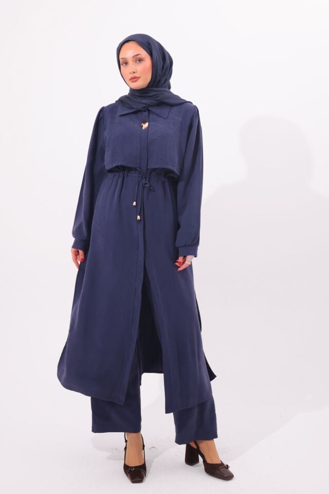 Balenbi Pelerin Detaylı Beli Bağcıklı Uzun Tunik Tesettür Takım 1183 – Form Serisi XL/2XL - Lacivert
