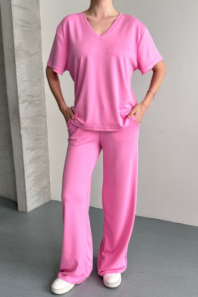 Balenbi Kadın Modal Kumaş Yarım Kollu V Yaka Eşofman Takımı 1209 Pembe - XL