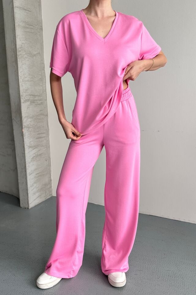 Balenbi Kadın Modal Kumaş Yarım Kollu V Yaka Eşofman Takımı 1209 Pembe - XL