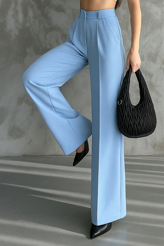 Kadın Pileli Yüksek Bel Bol Paça Likralı Palazzo Pantolon 1139 Mavi - 40