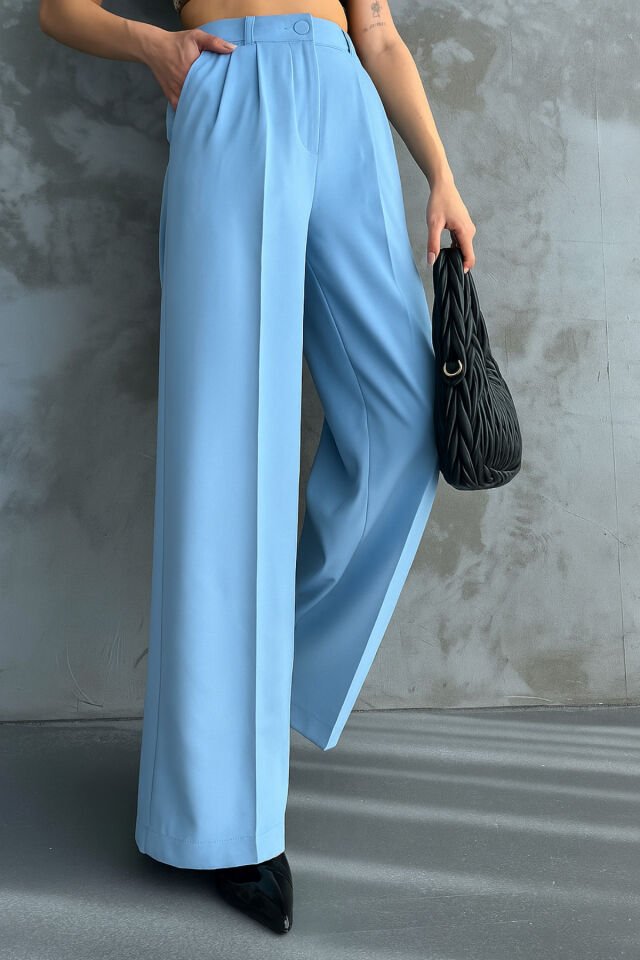 Kadın Pileli Yüksek Bel Bol Paça Likralı Palazzo Pantolon 1139 Mavi - 40