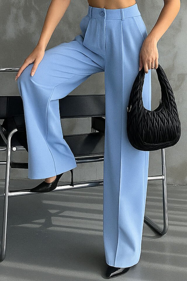 Kadın Pileli Yüksek Bel Bol Paça Likralı Palazzo Pantolon 1139 Mavi - 40