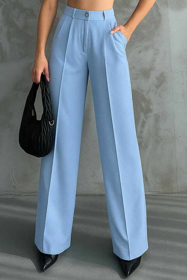 Kadın Pileli Yüksek Bel Bol Paça Likralı Palazzo Pantolon 1139 Mavi - 40