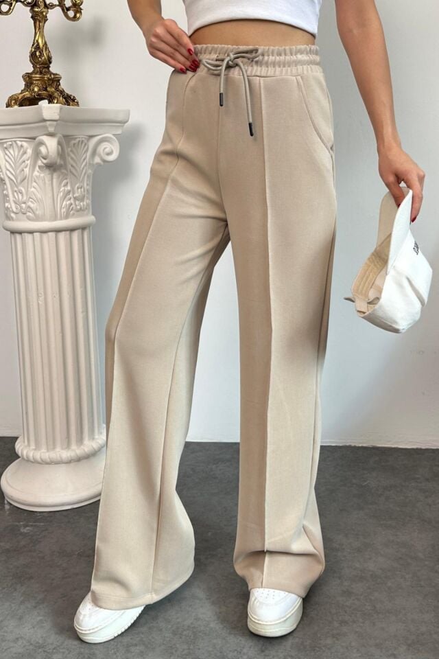 Balenbi Premium Modal Kumaş Çımalı Palazzo Kadın Pantolon 1115 Bej - 42