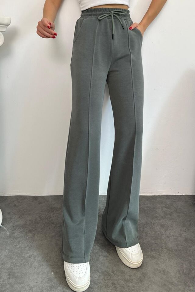 Balenbi Premium Modal Kumaş Çımalı Palazzo Kadın Pantolon 1115 Haki - 42