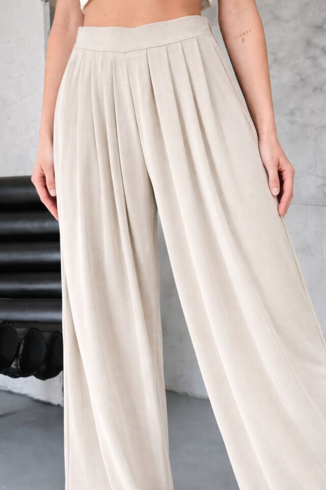 Feela Moda Kadın Premium Modal Pileli Bol Paça Salaş Pantolon 2012 38 - Taş