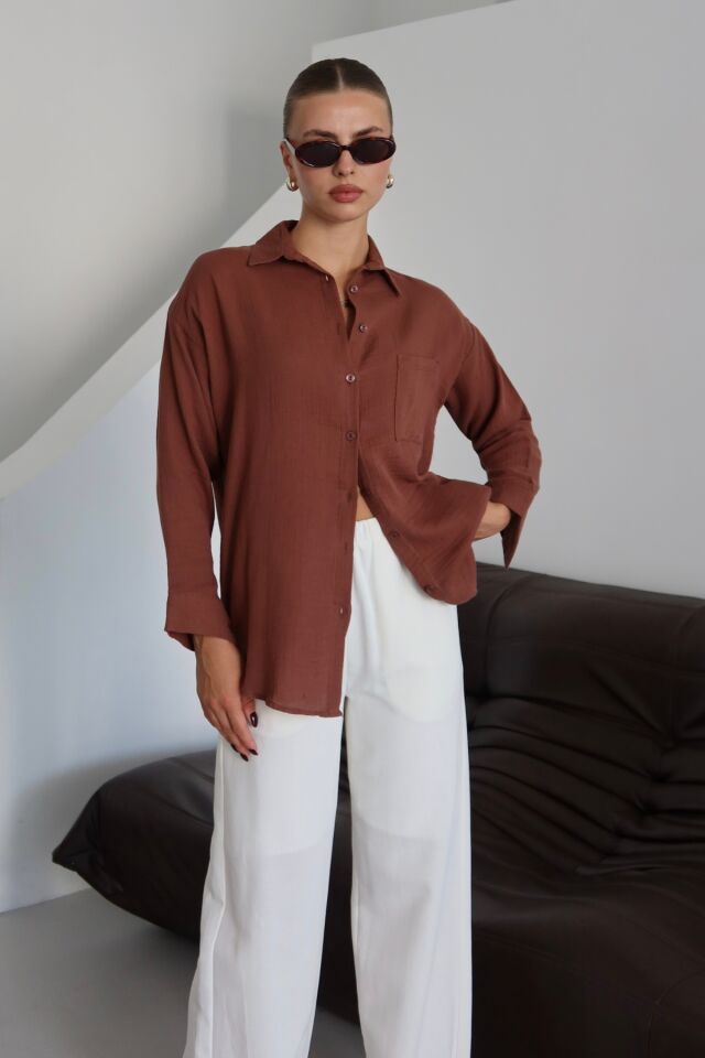 Balenbi Kadın Cepli Oversize Düz Renk Müslin Gömlek 1095 XL - Kahverengi