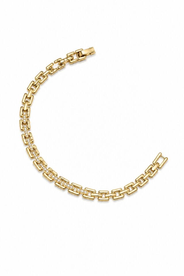 Balenbi Jewelry 14K Gold Renk Zirkon Taşlı Zincir Model Premium Çelik Kadın Bileklik 1183 Altın