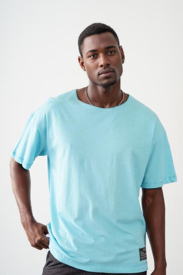 Balenbi Unisex Pis Yaka Basic Eteği Armalı Oversize Kalıp Tişört 1014 XL - Turkuaz