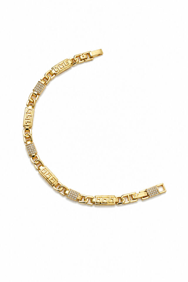 Balenbi Jewelry 14K Gold Renk Grek Desenli Zirkon Taşlı Premium Kararmaz Çelik Kadın Bileklik 1184 Altın