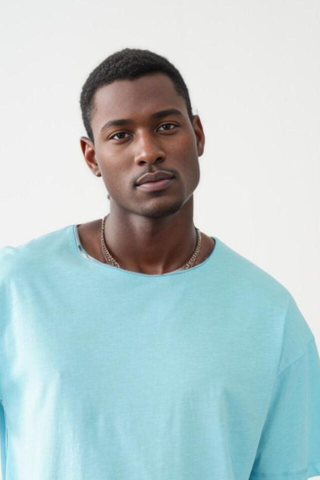 Balenbi Unisex Pis Yaka Basic Eteği Armalı Oversize Kalıp Tişört 1014 M - Turkuaz