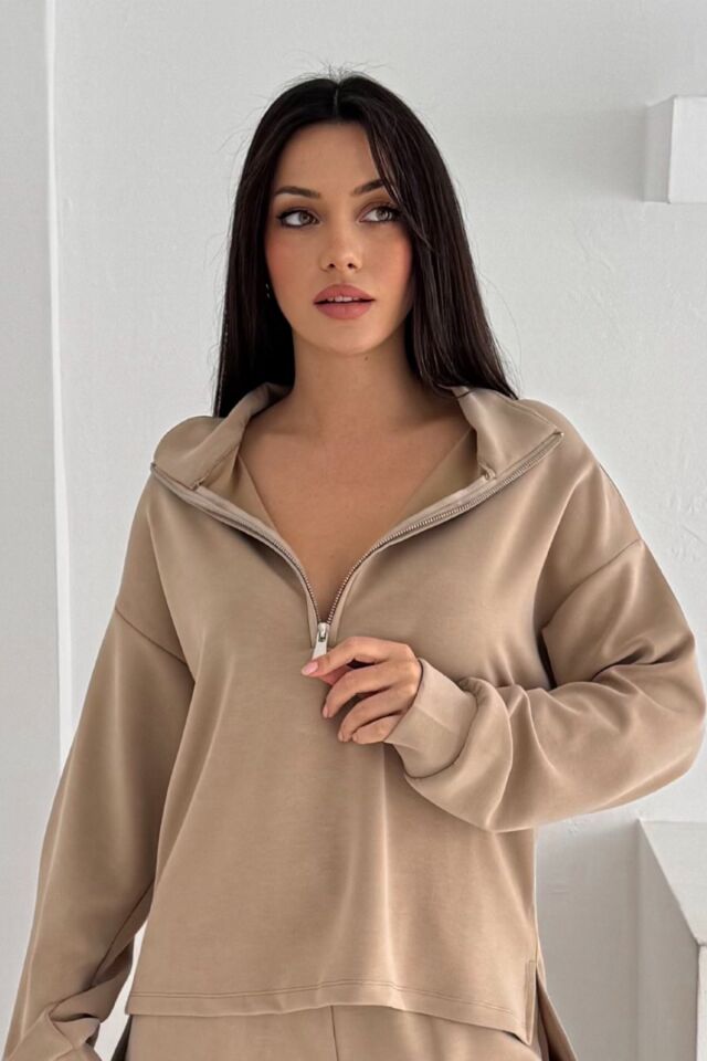 Balenbi Premium Modal Kumaş Yarım Fermuar Kadın Sweatshirt 1114 M - Bej