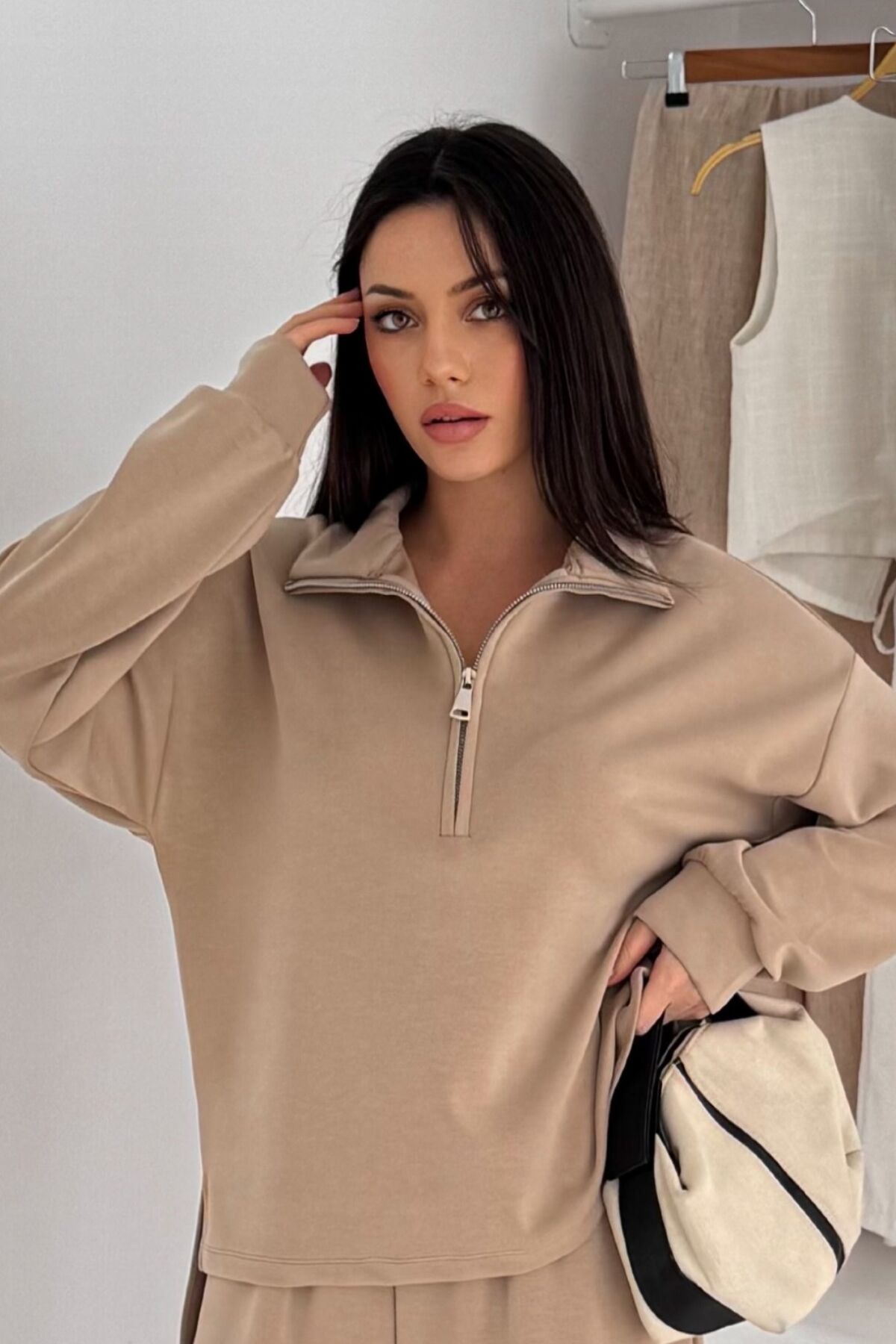 Balenbi Premium Modal Kumaş Yarım Fermuar Kadın Sweatshirt 1114 M - Bej