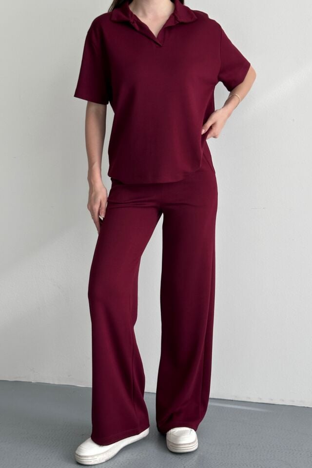 Balenbi Kadın Modal Kumaş Yarım Kollu Polo Yaka Eşofman Takımı 1210 Bordo - XL