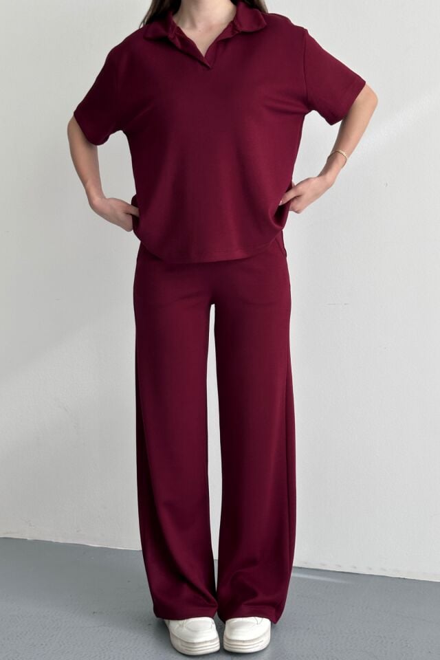 Balenbi Kadın Modal Kumaş Yarım Kollu Polo Yaka Eşofman Takımı 1210 Bordo - XL