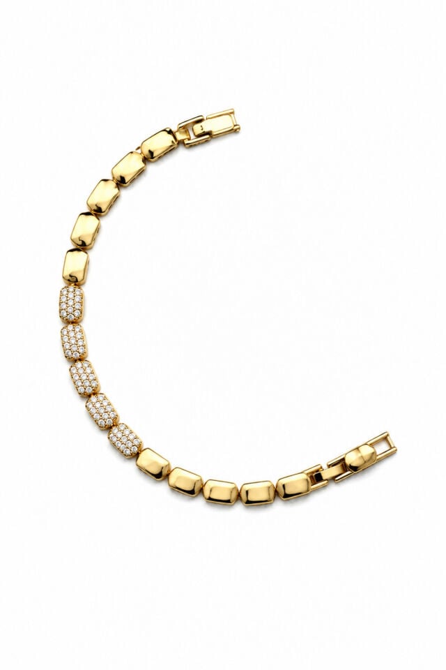 Balenbi Jewelry 14K Gold Renk Zirkon Taş Detaylı Geometrik Kararmaz Çelik Kadın Bileklik 1188 Altın