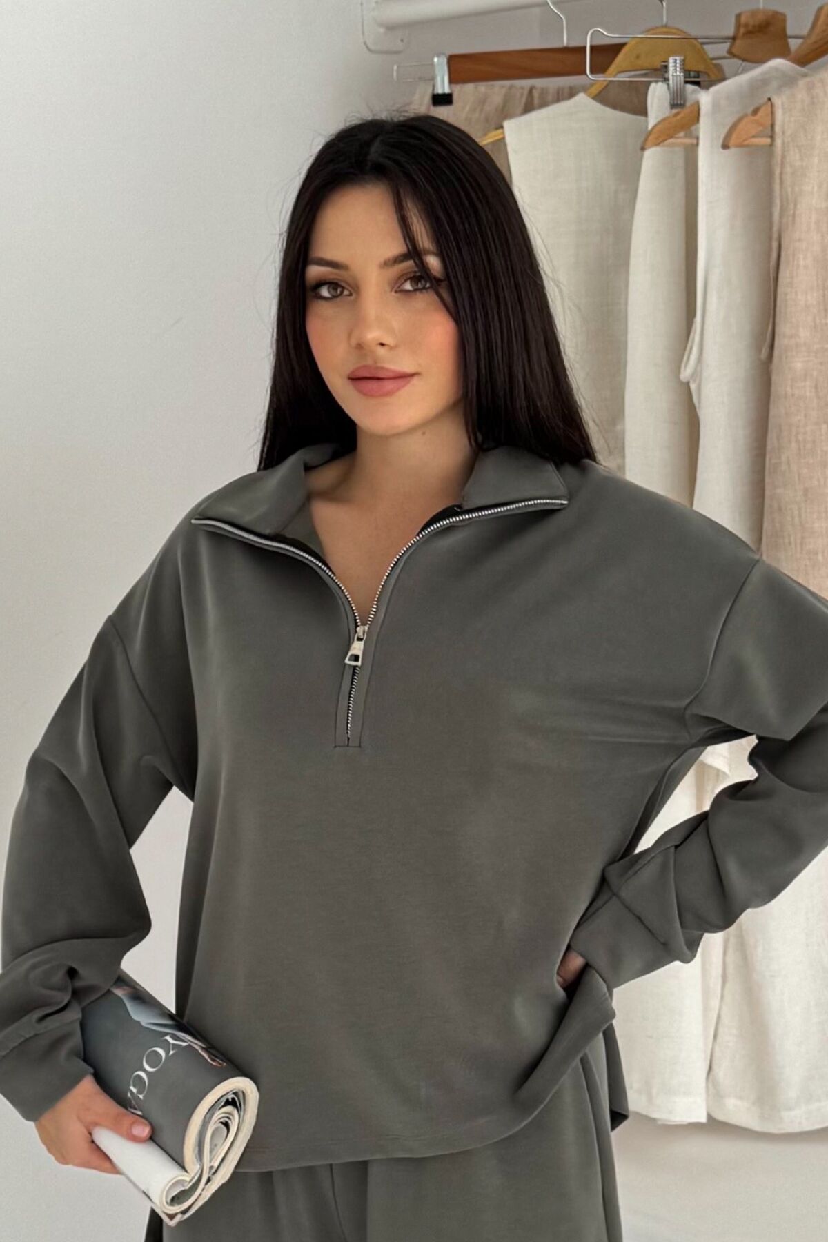 Balenbi Premium Modal Kumaş Yarım Fermuar Kadın Sweatshirt 1114 M - Haki