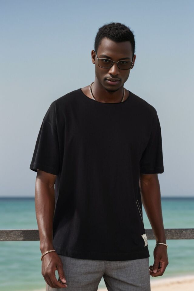 Balenbi Unisex Pis Yaka Basic Eteği Armalı Oversize Kalıp Tişört 1014 L - Siyah