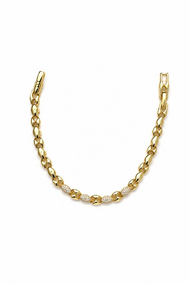 Balenbi Jewelry 14K Gold Renk Zirkon Taş Detaylı Zincir Desenli Kararmaz Çelik Kadın Bileklik 1190 Altın