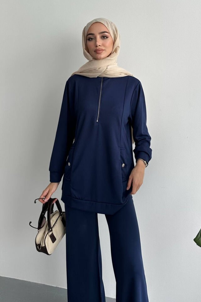 Feela Moda Kadın Modal Penye Oversize Metal Fermuar Tesettür Tunik Takım 2021 Lacivert - XL