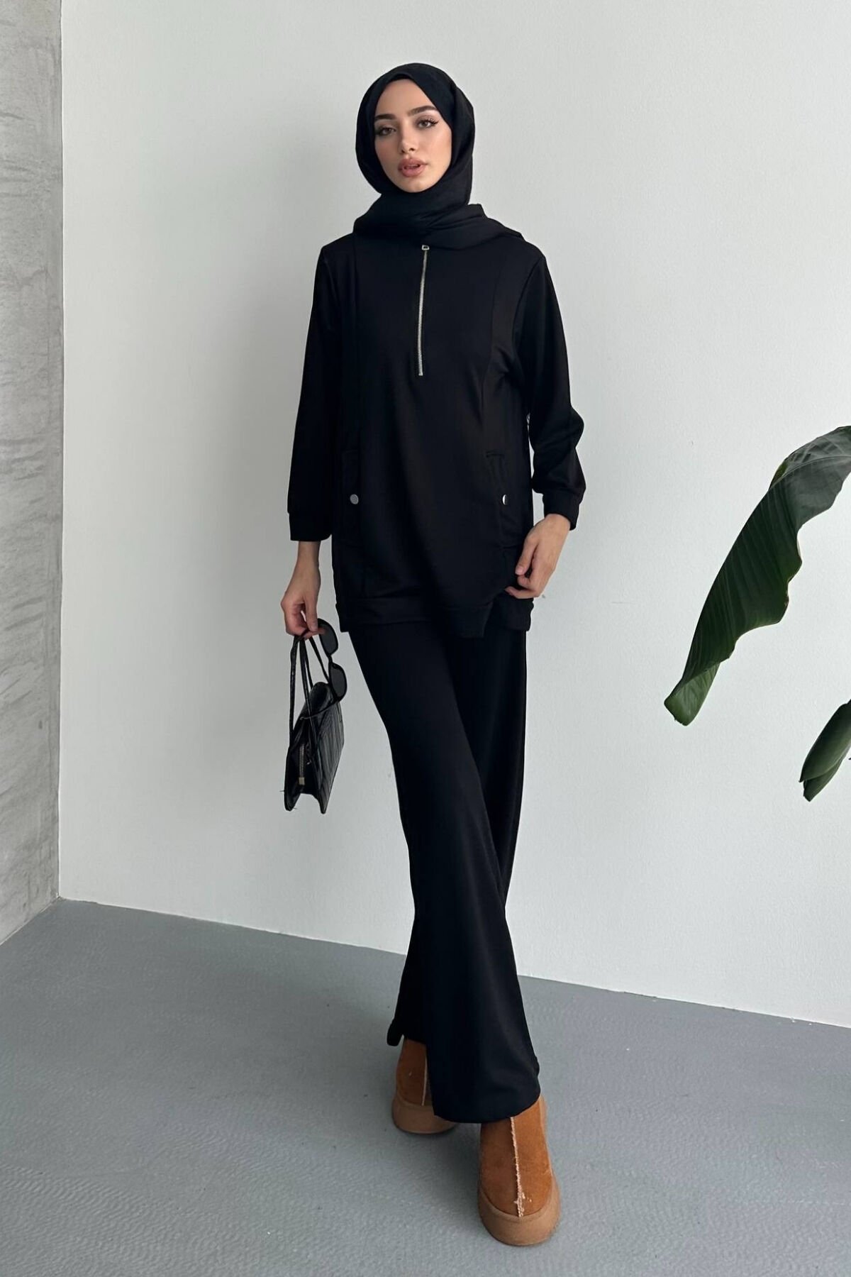 Feela Moda Kadın Modal Penye Oversize Metal Fermuar Tesettür Tunik Takım 2021 XL - Siyah