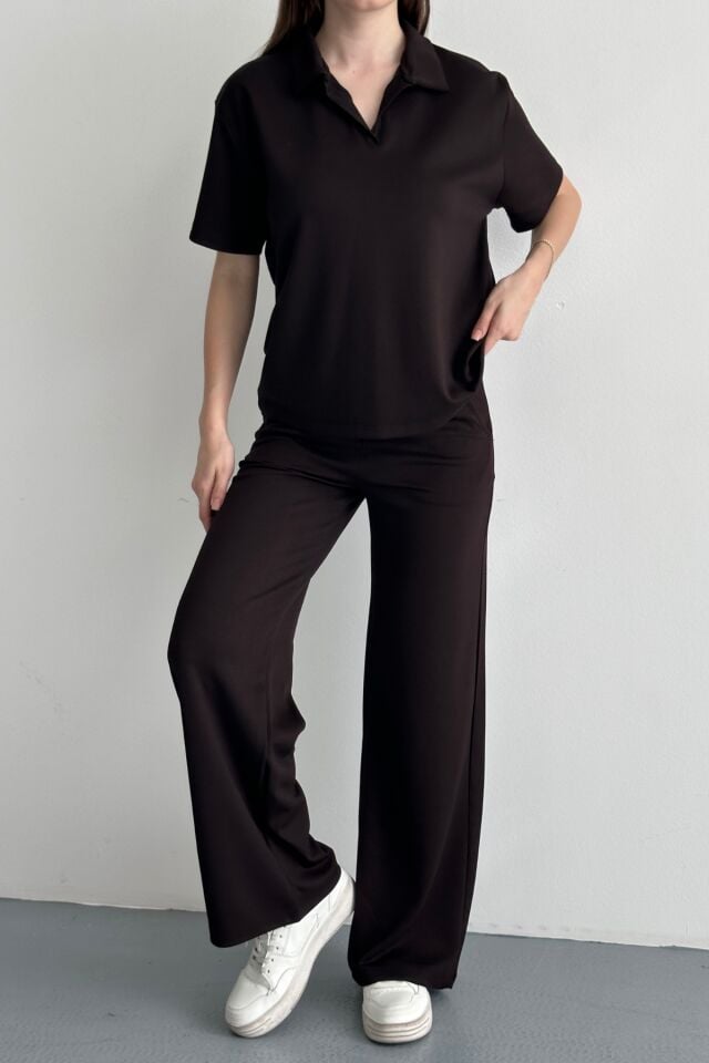 Balenbi Kadın Modal Kumaş Yarım Kollu Polo Yaka Eşofman Takımı 1210 Kahverengi - XL