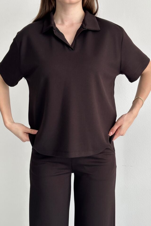 Balenbi Kadın Modal Kumaş Yarım Kollu Polo Yaka Eşofman Takımı 1210 Kahverengi - XL